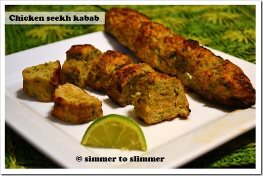 Chicken kababs make a nice accompaniment with rice / naan or for people like me – a meal in itself. Squeeze lemon juice on the kababs before serving to give them a nice tang.