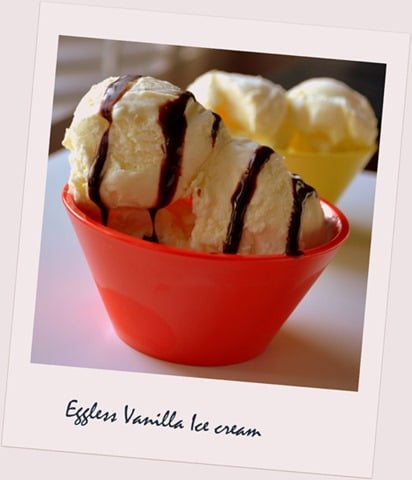 Scoops of vanilla ice-cream topped with chocolate sauce