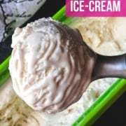 An ice cream scoop with a scoop of eggless vanilla ice cream and the tub of ice cream below with the words Eggless Vanilla Ice Cream in the top right.