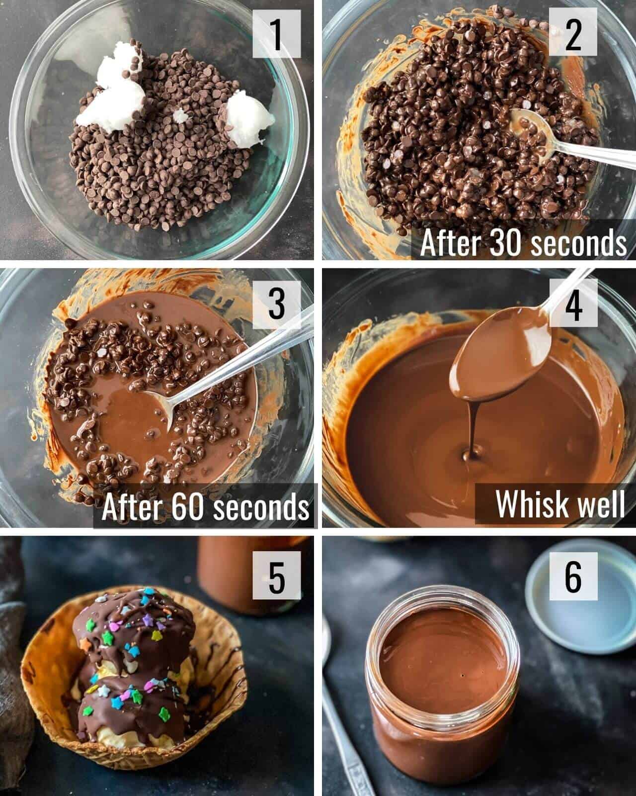 Step by step images of making magic shell sauce with 6 images from top to bottom, left to right showing a bowl with chocolate and coconut oil, then a bowl with slightly melted chocolate and coconut oil. then a bowl stirring the chocolate and coconut oil, then a bowl with the chocolate sauce, then a bowl of ice cream topped with chocolate sauce and finally a picture with a jar of chocolate magic shell sauce.
