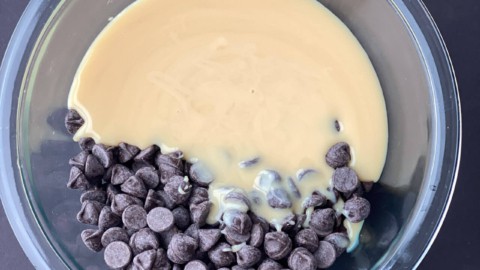 Condensed milk and chocolate chips in a bowl