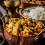 Chicken Chettinad curry served in a copper bowl