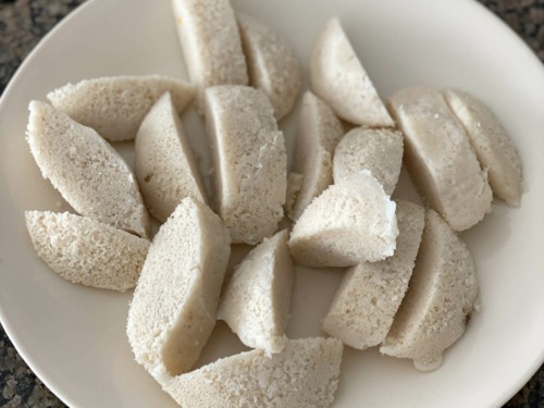 6 idlis cut into 3 pieces each and placed in a beige plate