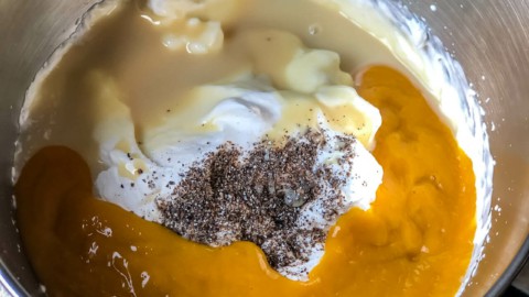 Mango ice-cream ingredients in a steel bowl