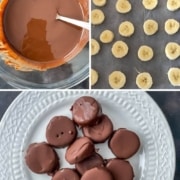 A collage of 3 images showing how to make frozen chocolate covered banana bites