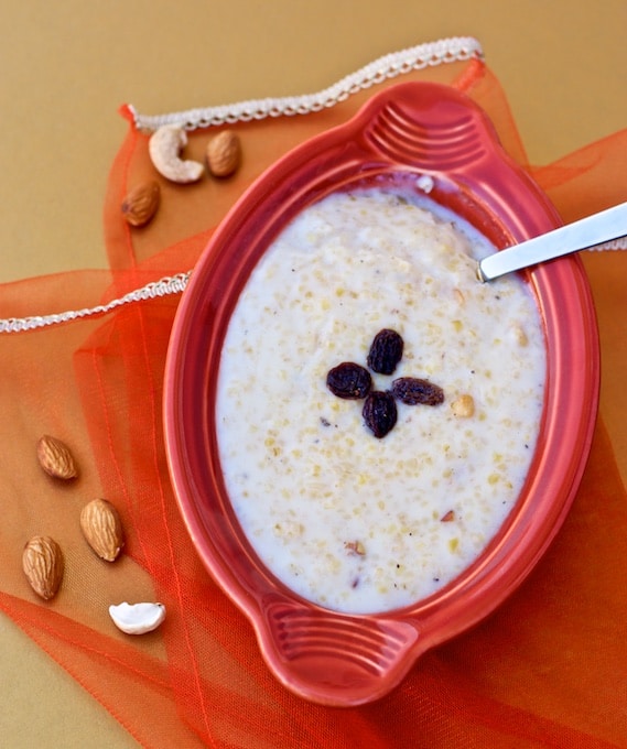 Cracked Wheat Payasam served in a red bowl