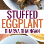 Collage of  two stuffed eggplant images with text Stuffed eggplant (bharwa baingan)