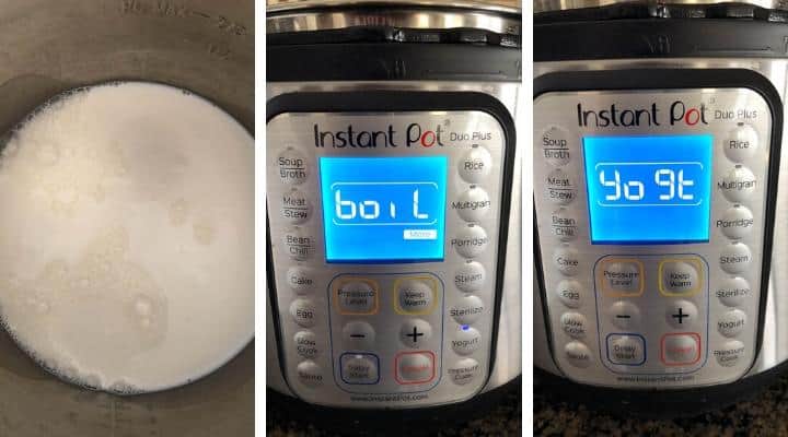 A collage of images showing how to boil milk in Instant Pot for making yogurt