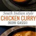 A collage with two images showing chicken curry in a black bowl
