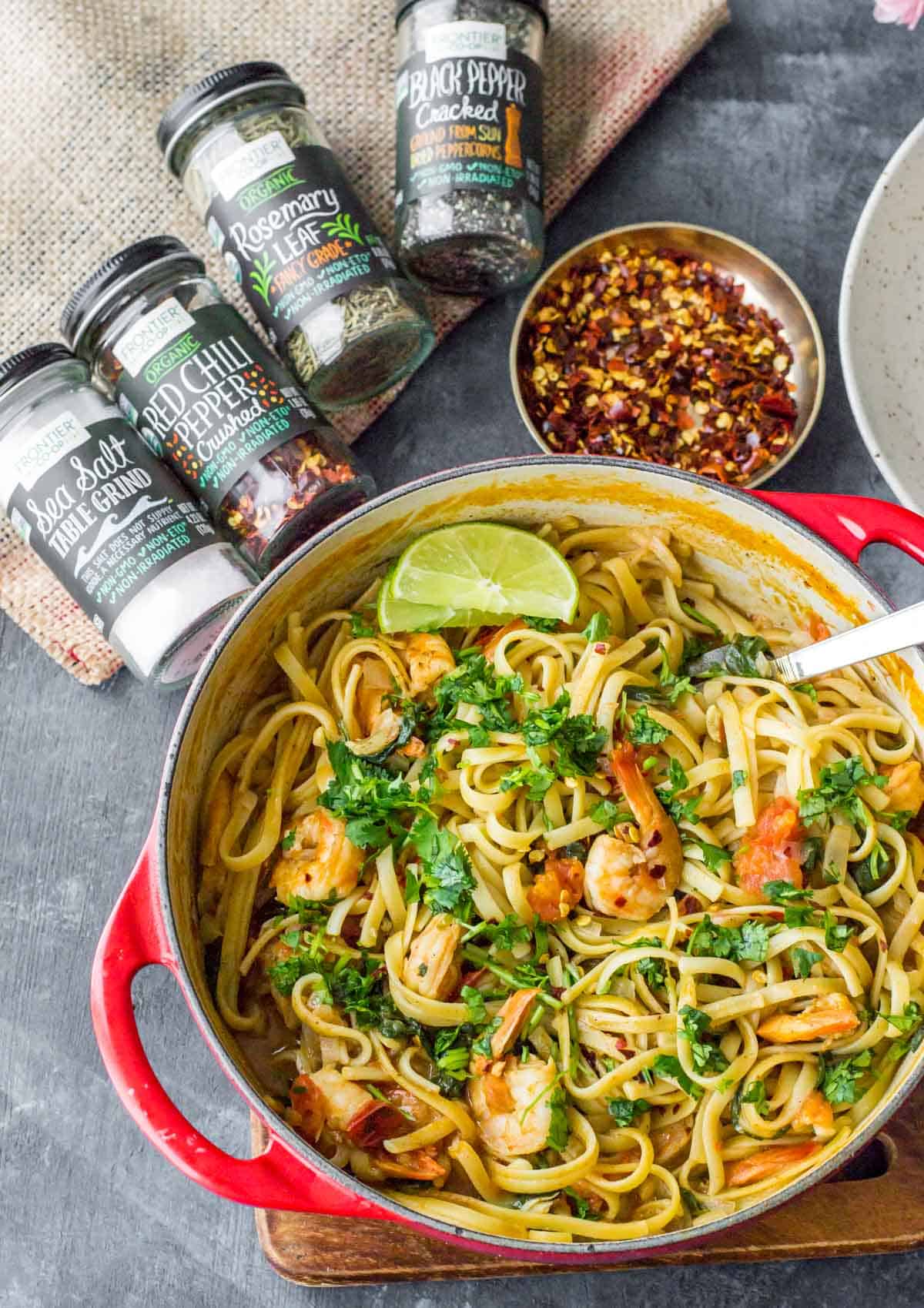 One pot creamy curry pasta with shrimp is a perfect marriage of Indian flavors with Italian produce. It is effortless to make and you can dish up this quick and satisfying supper in about 30 minutes.