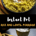 A collage of two images with khichdi served in a black bowl with pickle on top