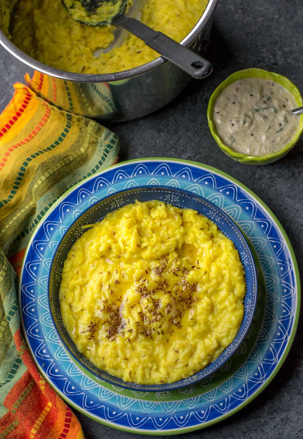 Moong dal khichdi tempered with ghee and jeera