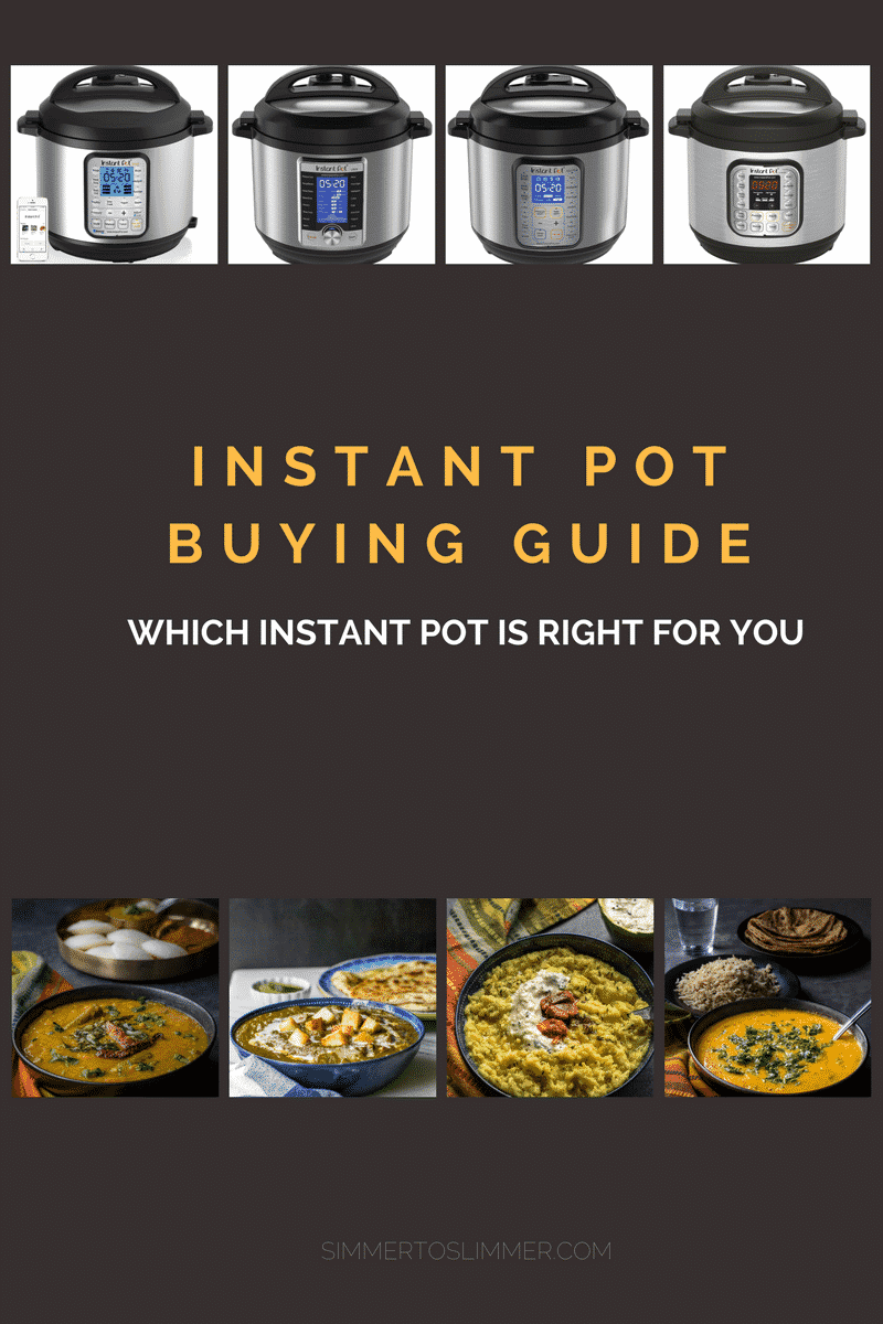 A collage of images with different Instant Pot models with text overlay Instant Pot Buying Guide which Instant Pot is right for you.