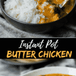 A collage of images showing butter chicken served in a black bowl