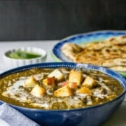 Palak Paneer served in a blue bowl