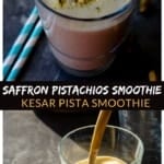 A collage of two images with text overlay. First image depicts smoothie in a glass with two straws next to it and the second one shows a pouring shot of smoothie into a class. 
