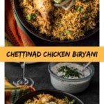 A collage of two images both showing Chettinad chicken served in a black bowl with raita