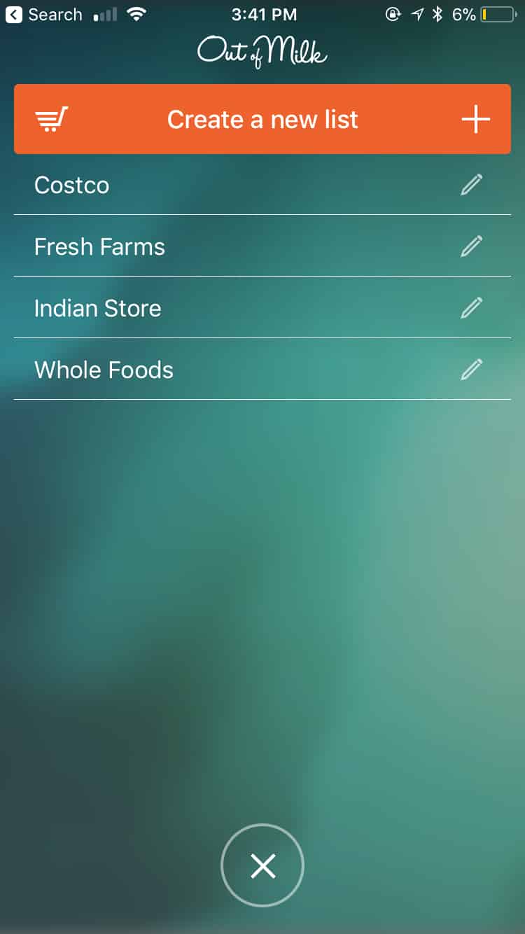 Shopping list screenshot from out of milk app