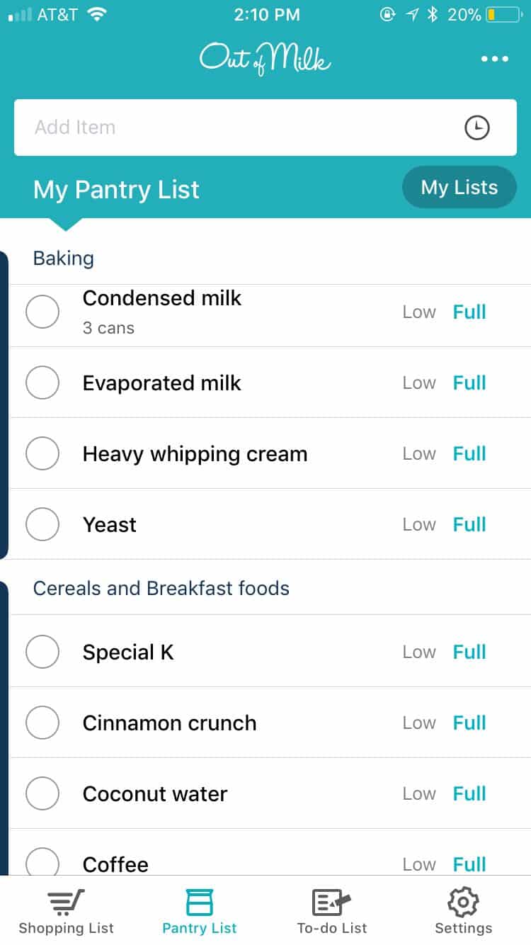 A screenshot of out of milk app showing a pantry shopping list