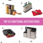 A collection of kitchen tools with text overlay top 10 functional kitchen finds