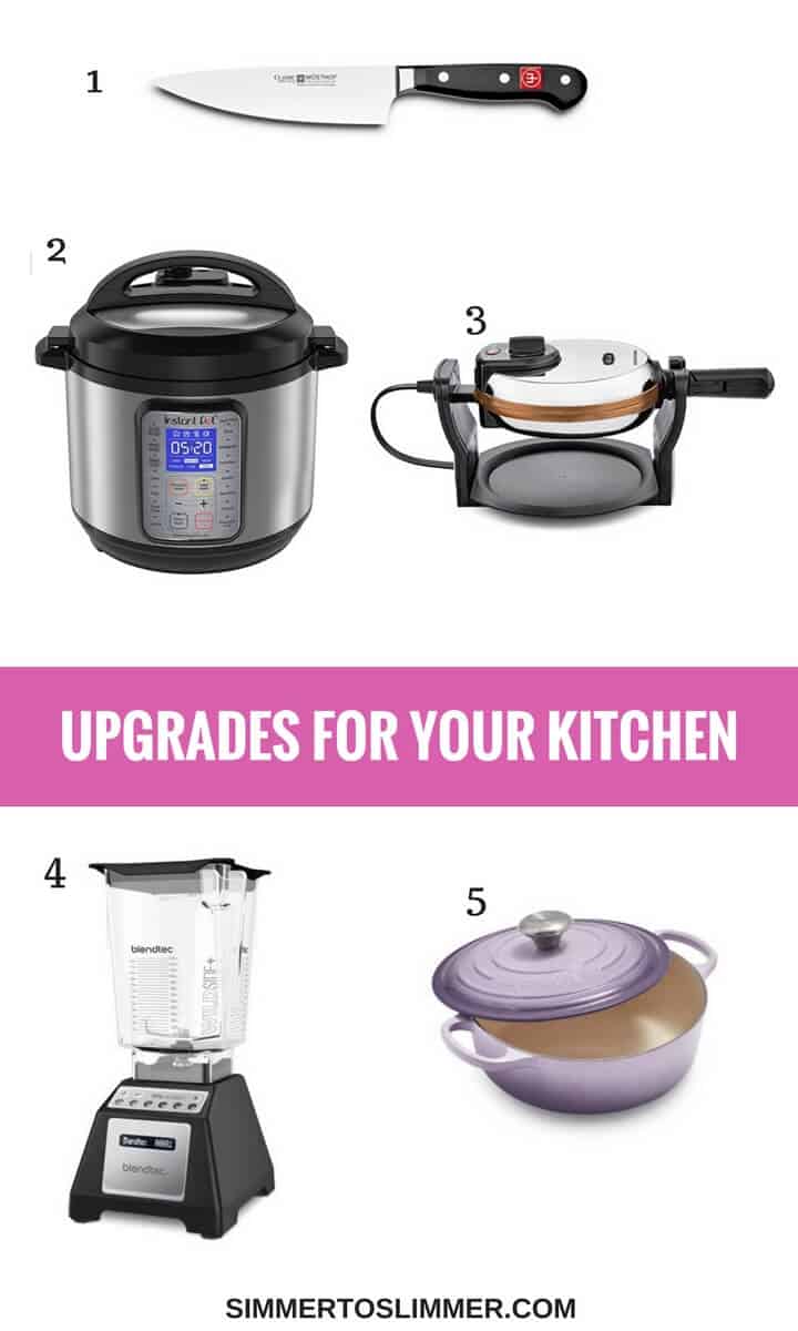 An image with photos of different kitchen gadgets with text overlay upgrades for your kitchen