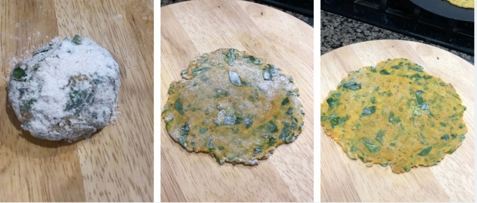 Collage of 3 Step by step pics on how to roll the dough