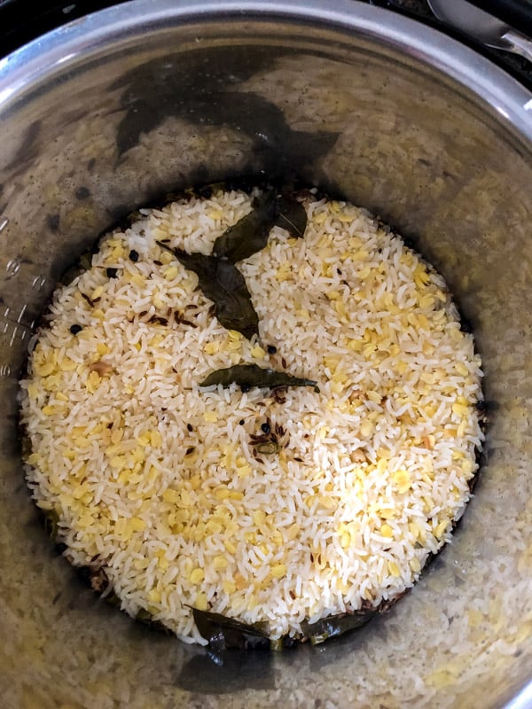 An overhead shot of Ven Pongal cooked in an Instant Pot