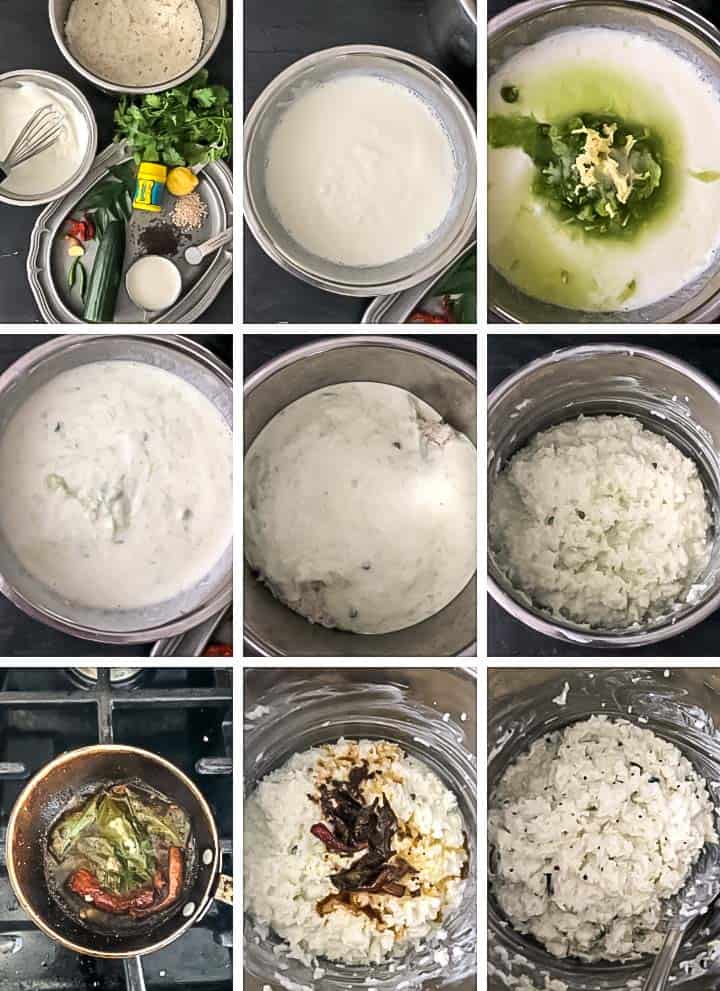A collage of step by step pictures on how to make curd rice