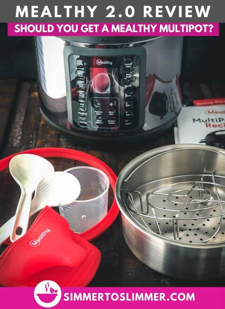 A picture of Mealthy MultiPot and the accessories it comes with - steamer basket, trivet, rice cup, spoons and recipe booklet