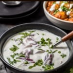 Onion raita served in a black bowl garnished with cilantro leaves