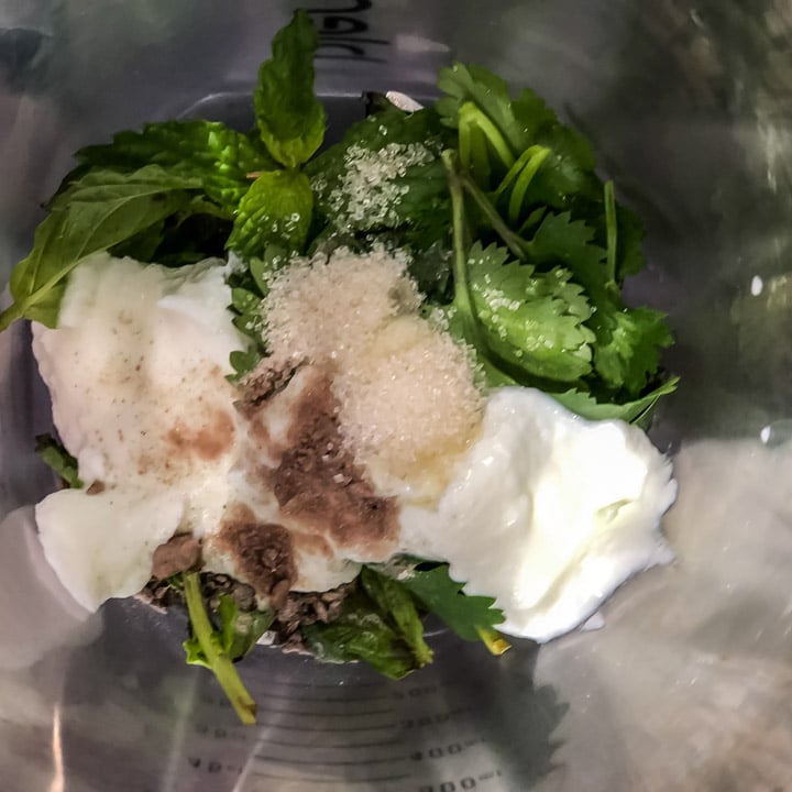 Ingredients for mint raita in a blender