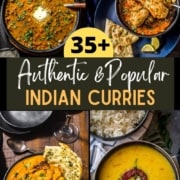A collage of 4 pictures of Indian curries