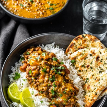 Restaurant style Dal Makhani served with rice and garlic naan