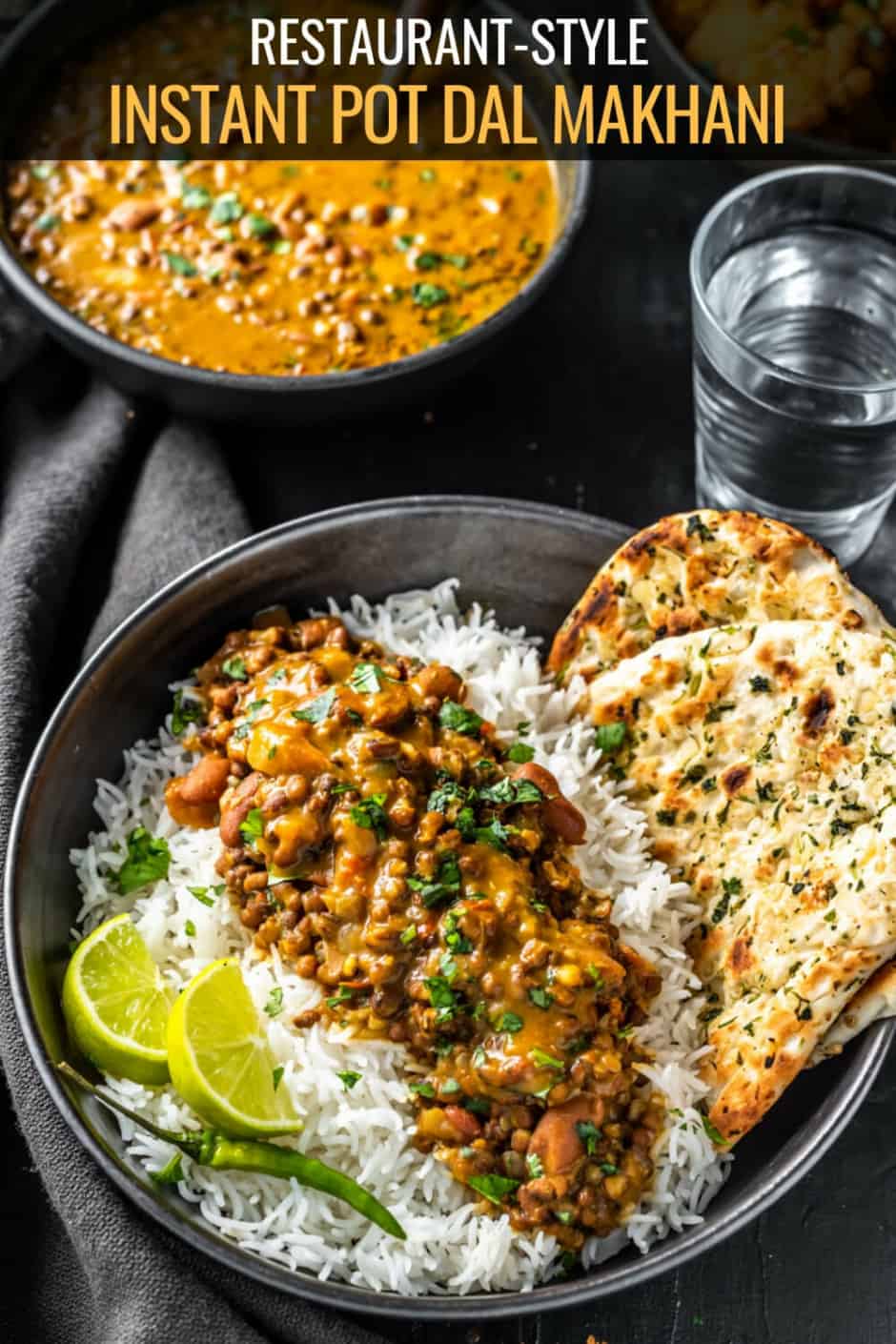 Restaurant style Dal Makhani served with rice and garlic naan