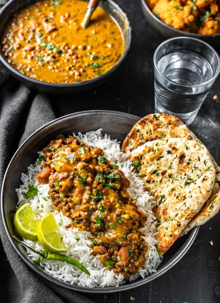 Restaurant-style Dal Makhani served with rice and garlic naan