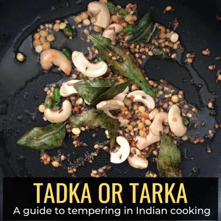 A tadka pan with oil, lentils, cashew nuts and curry leaves with a caption that reads Tadka or Tarka