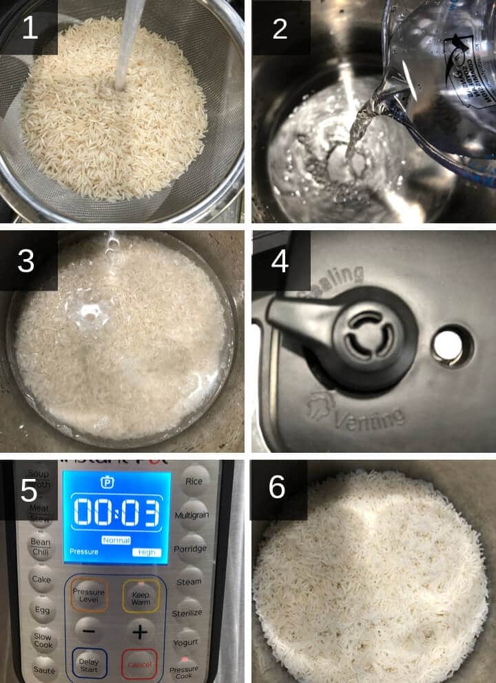 A collage of images depicting step by step images to make Basmati rice in the Instant Pot