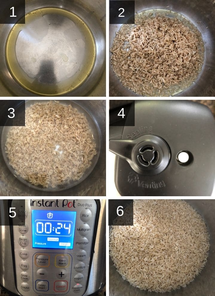 A collage of image showing steps to make brown rice in Instant Pot