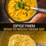 A collage of two images showing a closeup of Broccoli Cheddar Soup