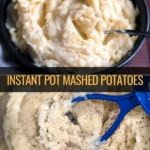 A collage of images showing mashed potatoes in an Instant Pot and black bowl