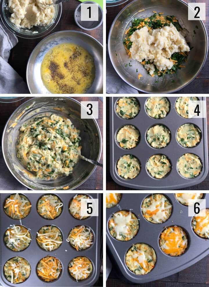 A collage of images showing step by step images to make Leftover mashed potato muffins