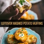 A collage of images showing two images of leftover mashed potato muffins