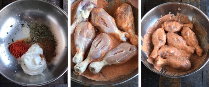 A collage of images showing how to marinate chicken