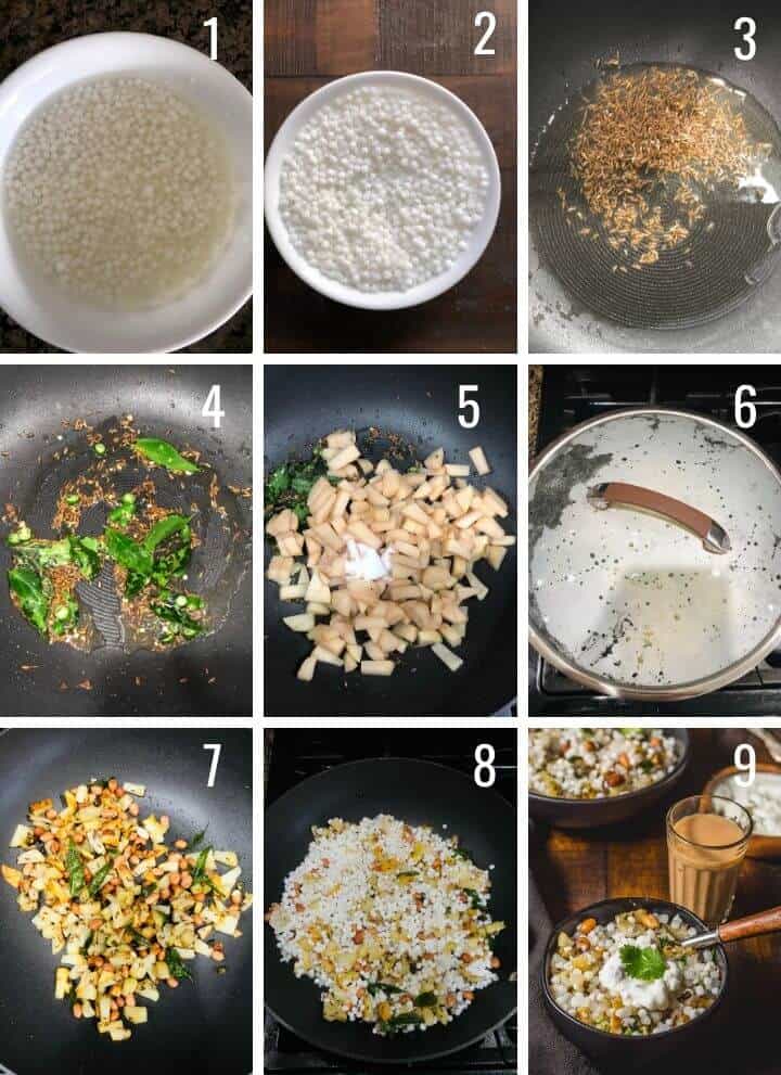 A collage of images depicting how to make sabudana step by step
