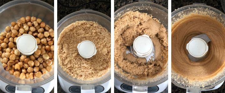 A collage of images showing hazelnuts blended into nut butter in a food processor