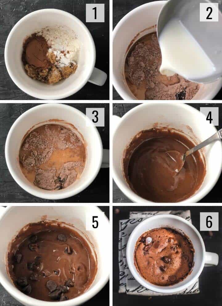 A collage of images showing how to make mug cake