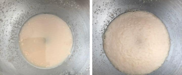 Collage of two images showing yeast being proofed to make naan