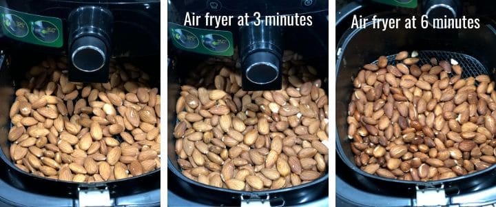 A collage of 3 images showing how to roast almonds in the air-fryer