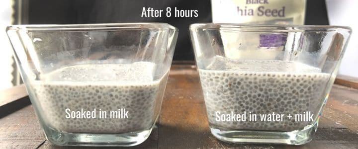 Two glass bowls of chia seeds refrigerated overnight- one soaked in milk and the other one soaked first in water with few tablespoons of milk