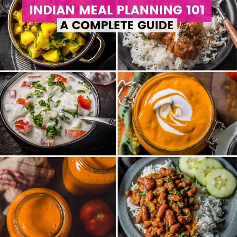 A collage of recipes and a text that reads Indian Meal Planning 101 - A complete guide